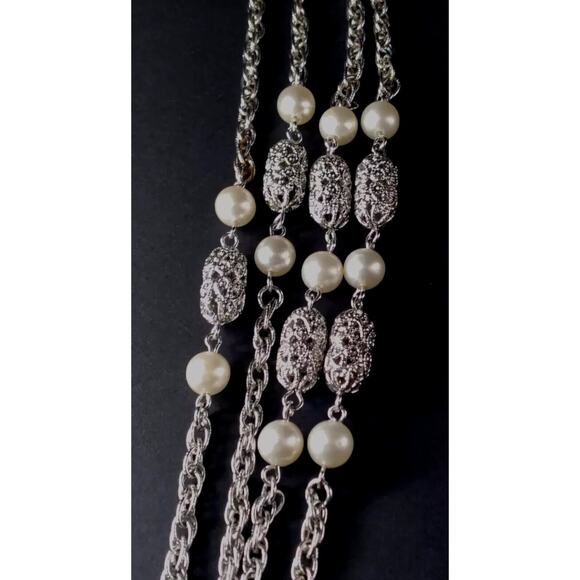 Sarah Coventry Silvertone Necklace Intermittent Faux Pearl And Filigree Beads - Picture 4 of 8